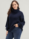 Solid Rib Knit Lantern Sleeve Funnel Neck Sweater