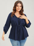 Solid Roll Sleeve Button Down Drawstring Blouse