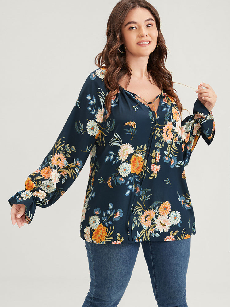 

Plus Size Women Dailywear Floral Knotted Lantern Sleeve Long Sleeve V Neck Elegance Blouses BloomChic, Dark blue