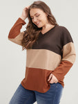 Colorblock Contrast V Neck Waffle Knit Long Tee