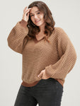 Solid Contrast Pointelle Knit Eyelet Lantern Sleeve Knit Top