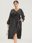 Striped Lantern Sleeve Pocket Wrap Midi Dress