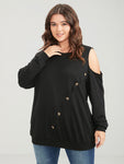 Solid Button Detail Cut Out Sweatshirt