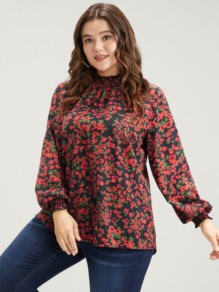 

Plus Size Women Dailywear Ditsy Floral Shirred Lantern Sleeve Long Sleeve Mock Neck Elegance Blouses BloomChic, Black