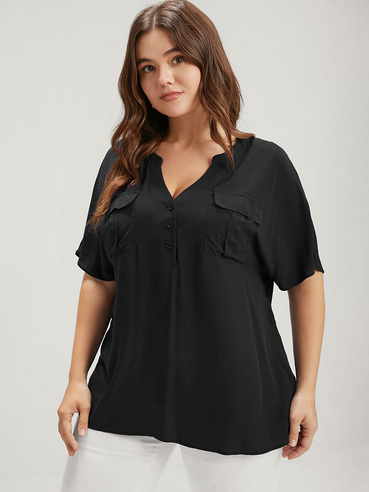 

Plus Size Women Going out Plain Button Dolman Sleeve Short Sleeve V Neck Casual Blouses BloomChic, Black