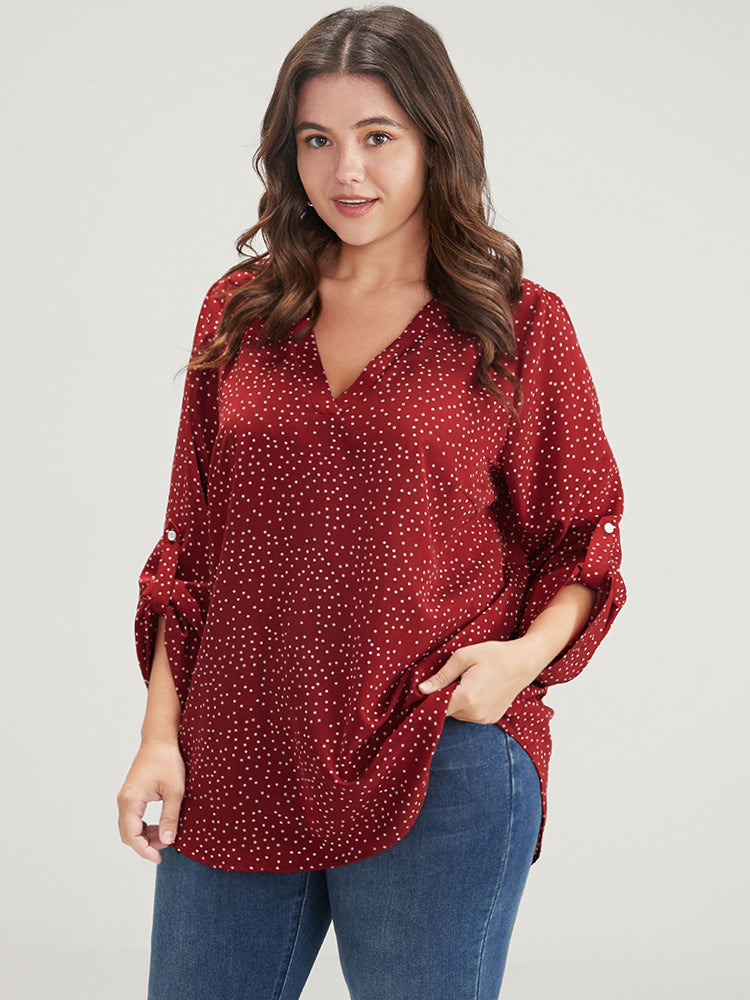 

Plus Size Women Dailywear Polka Dot Button Regular Sleeve Elbow-length sleeve V-neck Elegant Blouses BloomChic, Burgundy