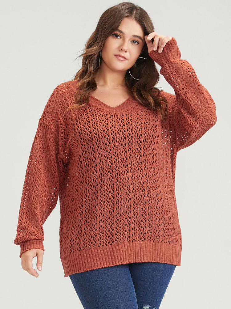 

Plain Pointelle Knit V Neck Crochet Knit Top BloomChic, Rust