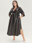 Striped Print Collared Belted Pocketed Dress