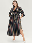 Striped Lapel Collar Cuffed Sleeve Pocket Belted Arc Hem Dress