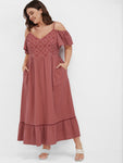 Pocketed Embroidered Cold Shoulder Sleeves Maxi Dress With Ruffles