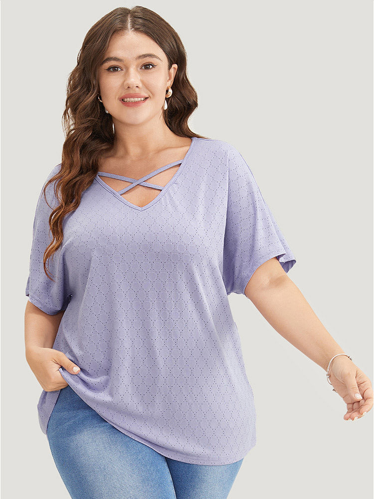 

Plus Size Women Dailywear Plain Dolman Sleeve Short Sleeve V Neck Elegance T-shirts BloomChic, Lilac