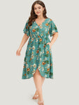 Floral Print Pocketed Wrap Dress With Ruffles