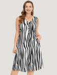 Zebra Print Ruffle Sleeveless Pocket Knot Neck Dress