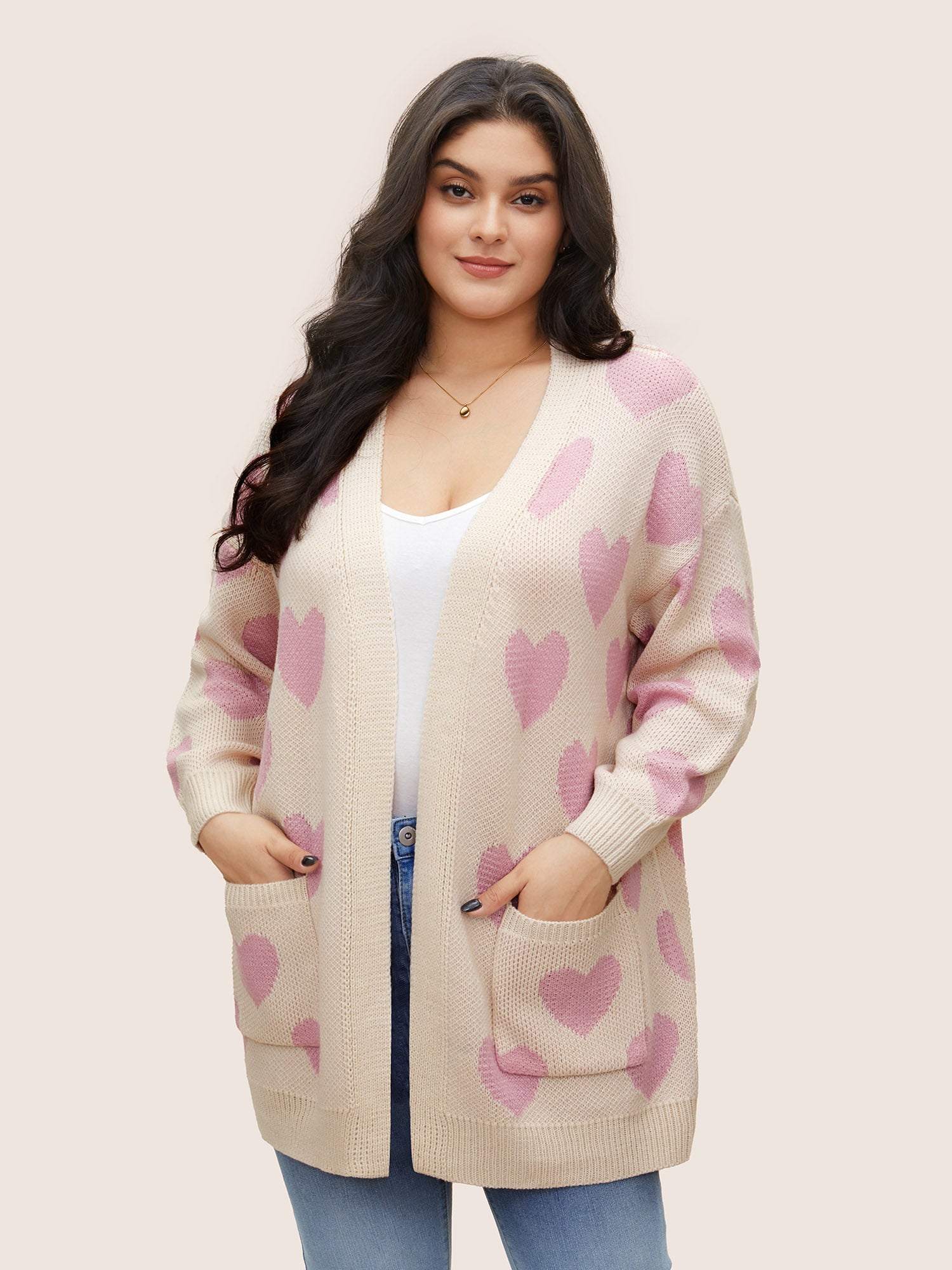 

Plus Size Cardigans | Heart Geometric Contrast Pocket Cardigan | BloomChic, Lvory