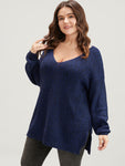 Solid Pointelle Knit V Neck Split Hem Heather Knit Top