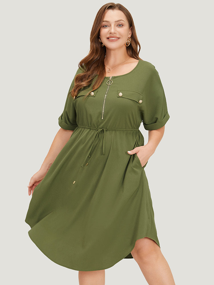 

Plus Size Women Workwear Plain Arc Hem Regular Sleeve Short Sleeve Round Neck Pocket Workleisure Dresses BloomChic, Olive