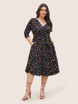 Colored Heart Print Belted Overlap Collar Dress