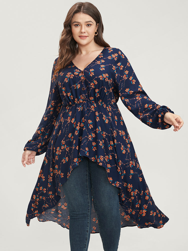 

Plus Size Women Dailywear Ditsy Floral Wrap Lantern Sleeve Long Sleeve V Neck Elegance Blouses BloomChic, Indigo