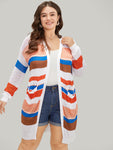 Colorblock Contrast Pocket Tunic Open Front Cardigan