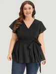 Plain Plisse Surplice Neck Belted Flutter Blouse