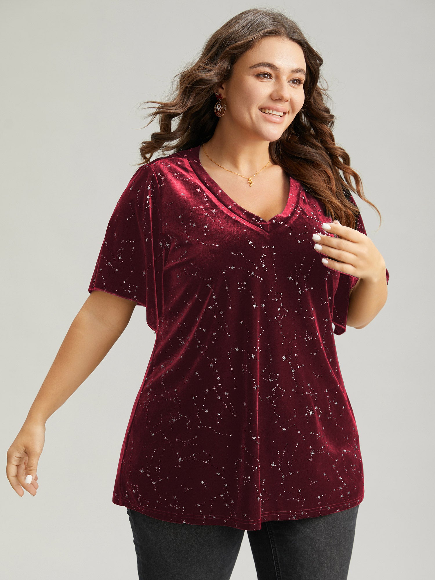 

Plus Size Women Festival-Christmas Moon and Star Velvet Ruffle Sleeve Short sleeve V-neck Elegant T-shirts BloomChic, Burgundy