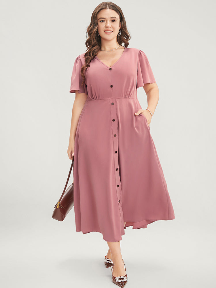 

Plus Size Women Workwear Plain Plain Ruffle Sleeve Short Sleeve V Neck Pocket Workleisure Dresses BloomChic, Dusty pink