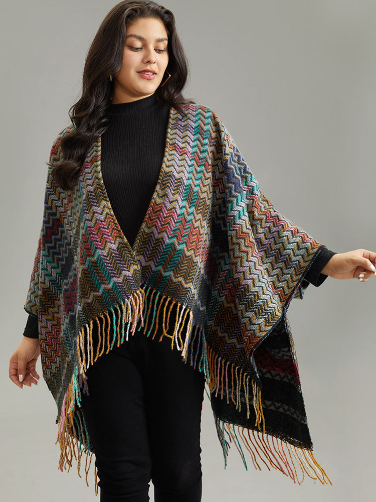 

Plus Size Poncho/Cape | Fringe Trim Contrast Batwing Sleeve Open Front Cape | BloomChic, Multicolor