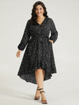 High-Low-Hem Wrap Ruffle Trim Polka Dots Print Dress