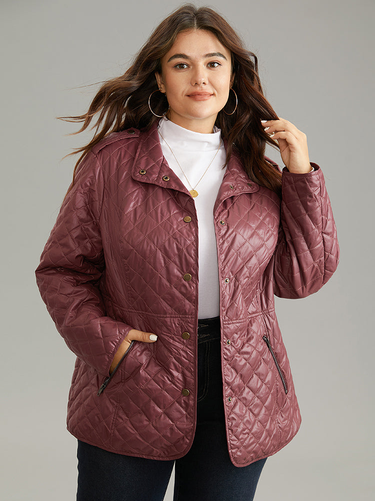 

Plus Size Coats | Plain Quilted Button Through Slant Pocket Coat | BloomChic, Burgundy