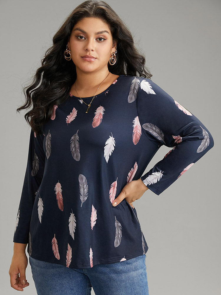 

Plus Size Women Dailywear Feather Printed Regular Sleeve Long Sleeve Round Neck Casual T-shirts BloomChic, Indigo