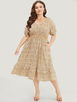 Shirred Pocketed Floral Print Puff Sleeves Sleeves Ruffle Trim Dress