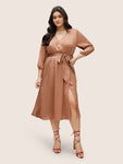 Textured Split Side Belted Overlap Collar Dress