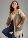 Plisse Colorblock Patched Pocket Open Front Cardigan