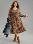 Ditsy Floral Pocket Lantern Sleeve Ruffle Hem Dress