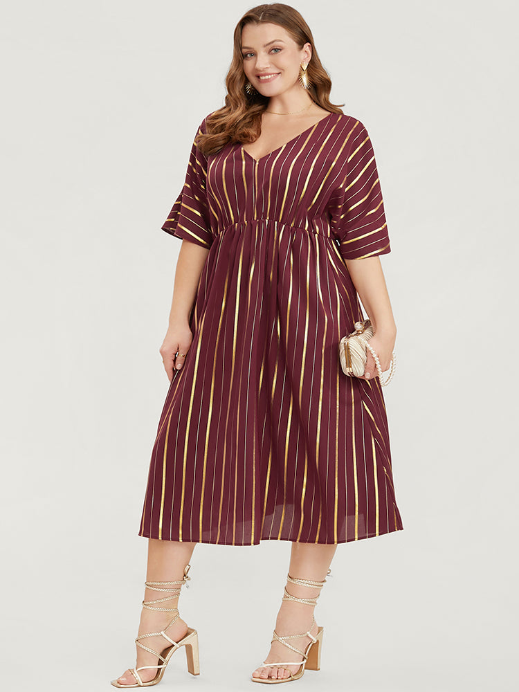 

Plus Size Women Going out Striped Elastic Waist Dolman Sleeve Half Sleeve V Neck Pocket Party Dresses BloomChic, Burgundy