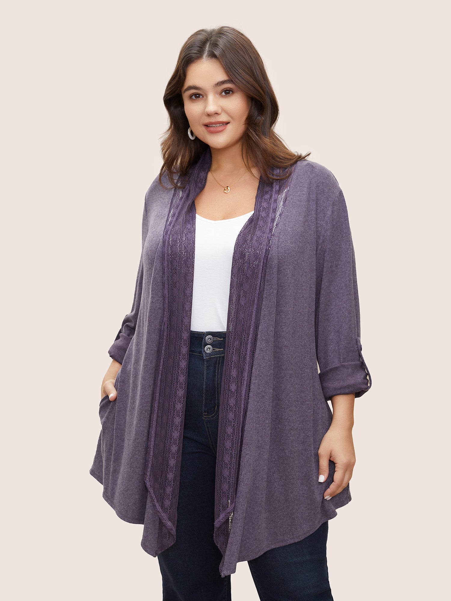 

Plus Size Cover Ups/Kimonos | Lace Panel Roll Tab Sleeve Open Front Kimono | BloomChic, Mauve