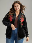 Velvet Floral Embroidered Zipper Pocket Bomber Jacket