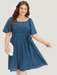Raglan Sleeves Pleated Pocketed Belted Dress by Bloomchic Limited