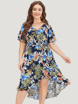 Floral Print Pocketed Wrap High-Low-Hem Dress With Ruffles