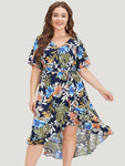 Floral High Low Hem Pocket Ruffles Wrap Dress