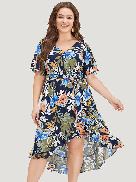 Floral Print High-Low-Hem Wrap Pocketed Dress With Ruffles