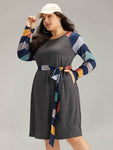 Raglan Sleeves Pocketed Belted Striped Print Dress