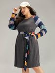 Striped Pocket Raglan Sleeve Belted Dress