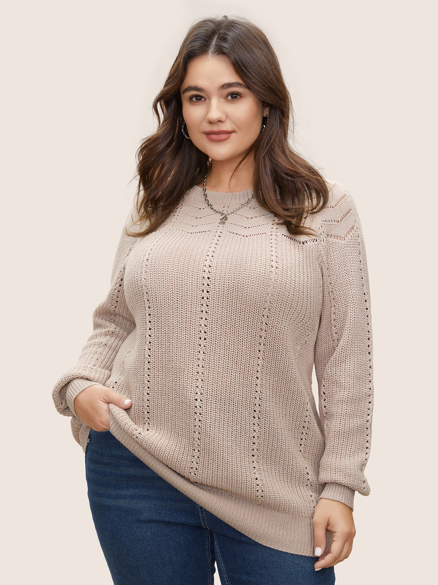 

Plus Size Pullovers | Plain Texture Raglan Sleeve Pointelle Knit Pullover | BloomChic, Apricot