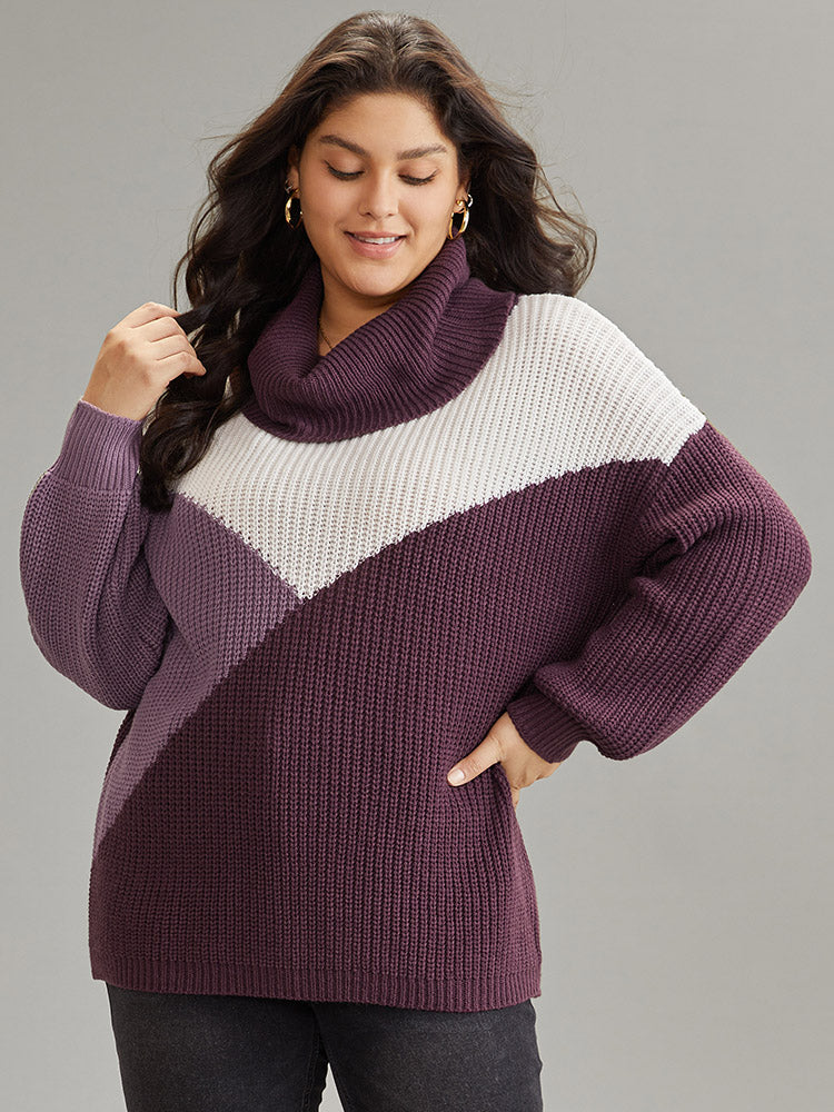 

Plus Size Pullovers | Asymmetrical Colorblock Turtle Neck Drop Shoulder Pullover | BloomChic, Purple