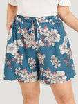 Floral Print Pocket Ties Elastic Waist Shorts