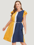 Pocketed Cap Sleeves Dress With Ruffles