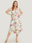 Pocketed Floral Print Cap Sleeves Ruffle Trim Dress