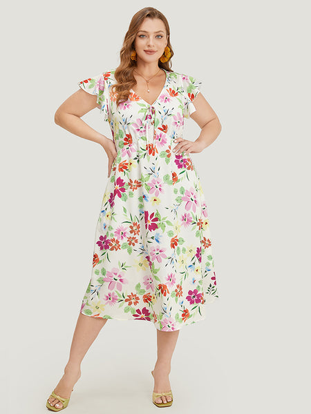 Ruffle Trim Cap Sleeves Floral Print Pocketed Dress