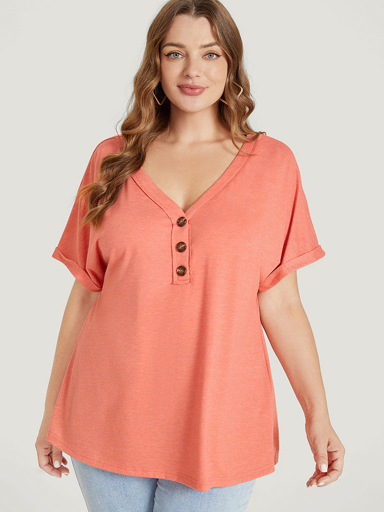 

Plus Size Women Dailywear Plain Dolman Sleeve Short sleeve V-neck Casual T-shirts BloomChic, Coral